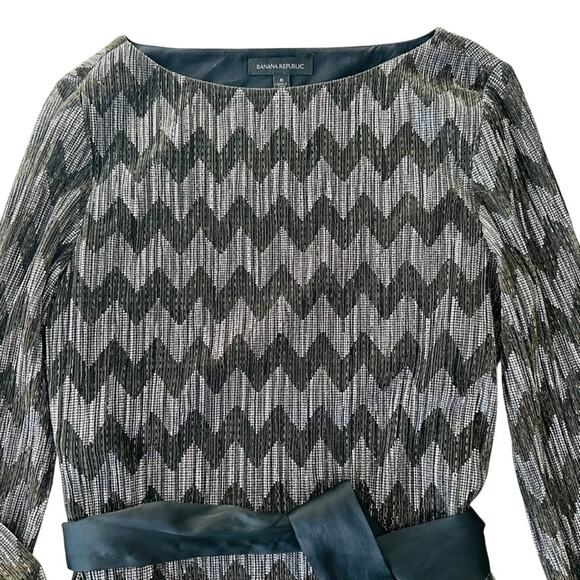 Banana Republic Chevron Boatneck Lurex Dress Black Gold Size 8 Holiday Party - Picture 3 of 11